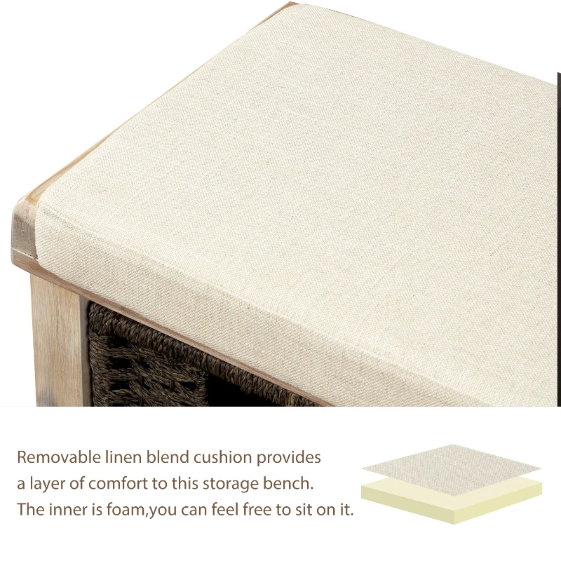 Rustic Storage Bench with 3 Rattan Baskets, No Assembly Required, Entryway Bench with Removable Cushion, 44" L x 16" W x 17" H, Natural