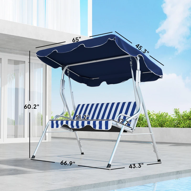 Outsunny 3-Person Porch Swing with Canopy, Patio Swing Chair, Outdoor Canopy Swing Bench with Adjustable Shade, Cushion and Steel Frame, Dark Blue & White Striped