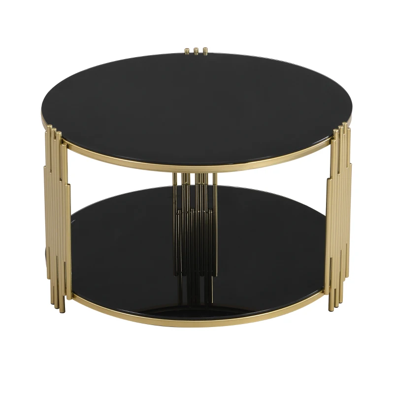 Modern Asymmetrical Coffee Table with Black Mirror Top, Circular Metal Drum Base and Lower Shelf, 31.5" L x 31.5" W x 20" H, Black
