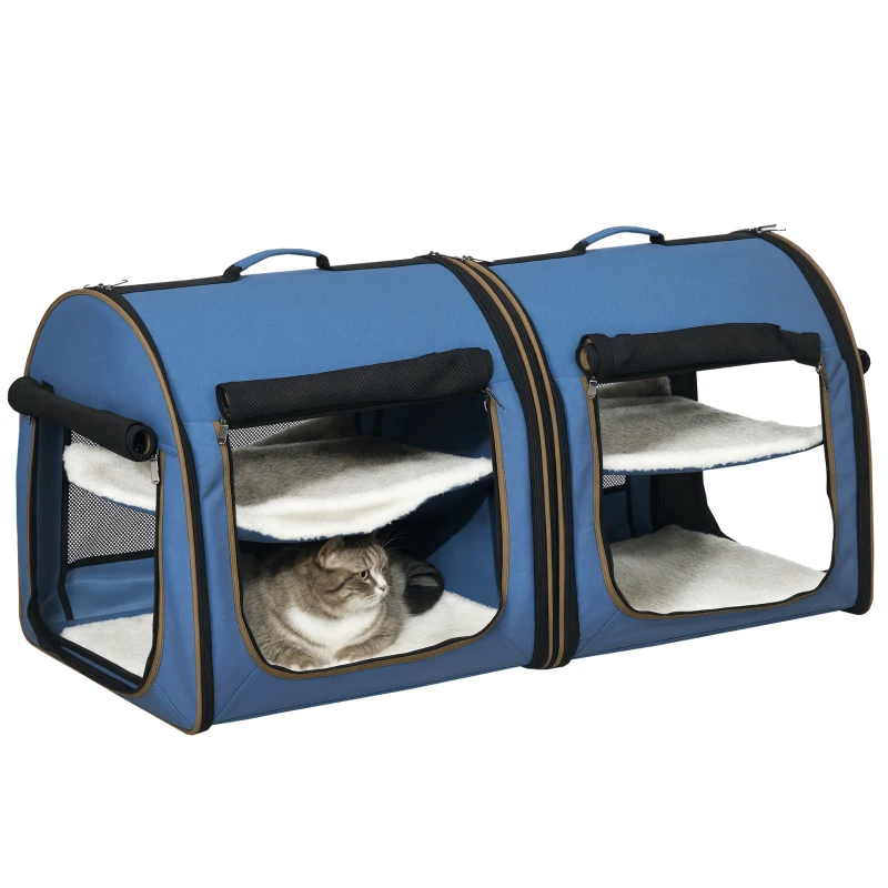 PawHut 39" Portable Soft-Sided Cat Carrier, Cat Kennel, Travel Dog Crate with Divider, Two Compartments, Soft Cushions & Storage Bag, Easy to Fold, Blue