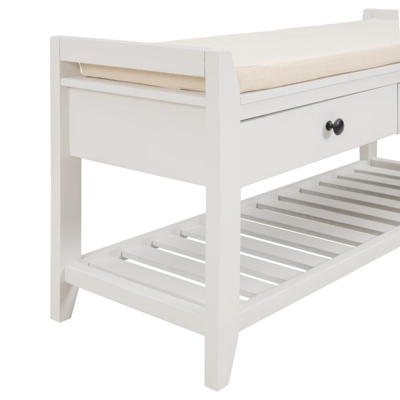 Multipurpose Entryway Storage Bench with Pine Wood Construction, Shoe Rack with Cushioned Seat and Drawers, 39" L x 14" W x 20" H, White