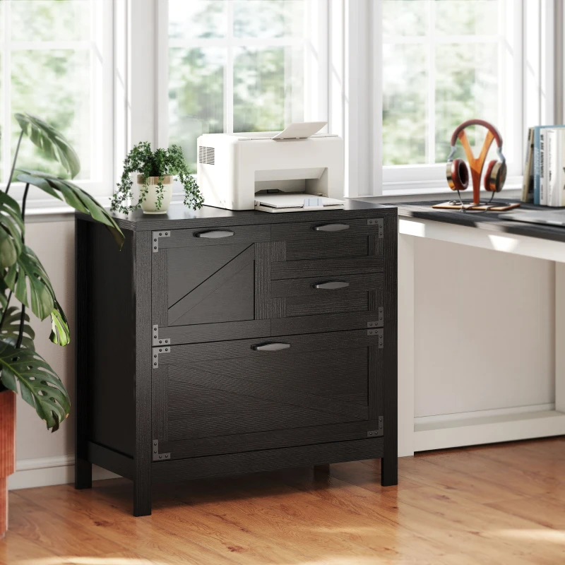 HOMCOM Lateral Filing Cabinet, Farmhouse File Cabinet with 4 Drawers, Fit Letter/A4/Legal Hanging Files, Black Wood Grain