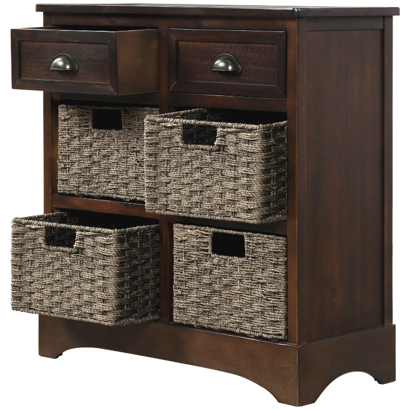 Rustic Storage Cabinet with Two Drawers and Four Rattan Baskets, Modern Farmhouse Style, Acacia Wood Frame, 28" L x 12" W x 28" H, Brown