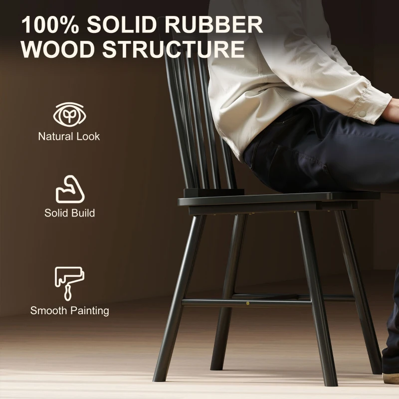 HOMCOM Dining Chairs Set of 4, Farmhouse Wood Kitchen Chairs with Rubber Wood Frame, Spindle Back for Dining Room, Black