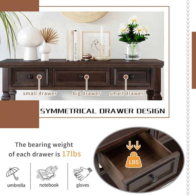 Classic Retro Console Table with 3 Drawers, Open Shelf, Pine Wood Frame, Perfect for Entryway, Living Room, 50" L x 15" W x 30" H, Dark Brown
