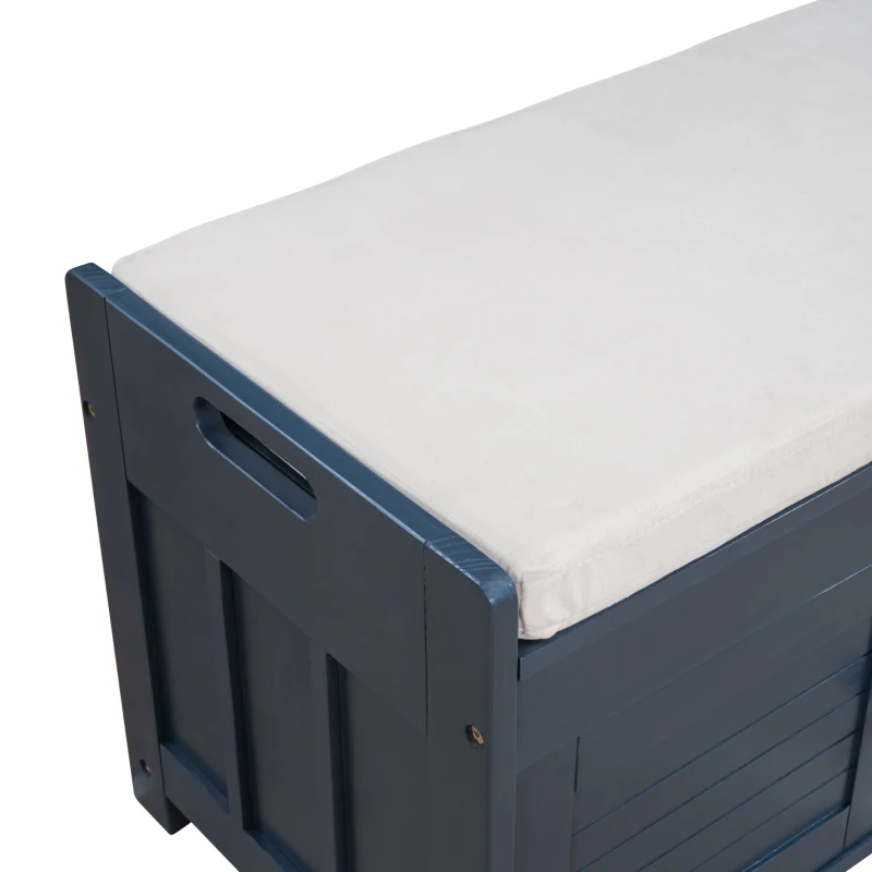 Rustic Storage Bench with Shutter-shaped Doors, Hidden Storage and Removable Cushion, 43.5" L x 16 " W x 18" H, Antique Navy