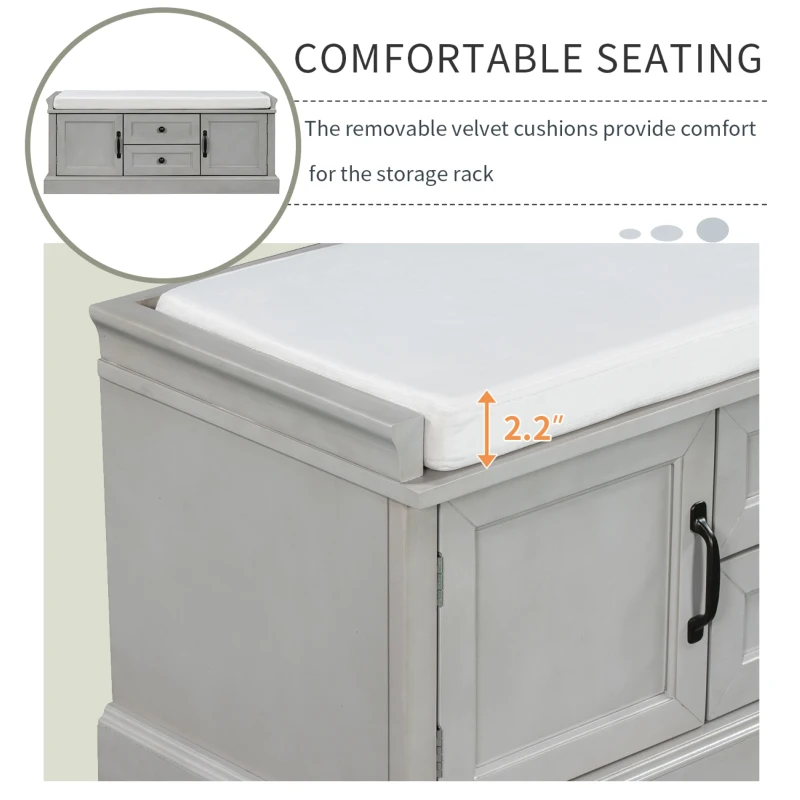Storage Bench with 4 Doors and Adjustable Shelves, Removable Cushion for Entryway, 43" L x 16" W x 17.5" H, Gray