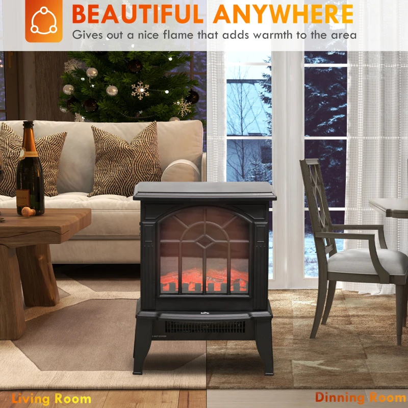 HOMCOM Electric Fireplace Heater, Freestanding Fireplace Stove with Realistic Flames Overheating Protection 750W/1500W, Black