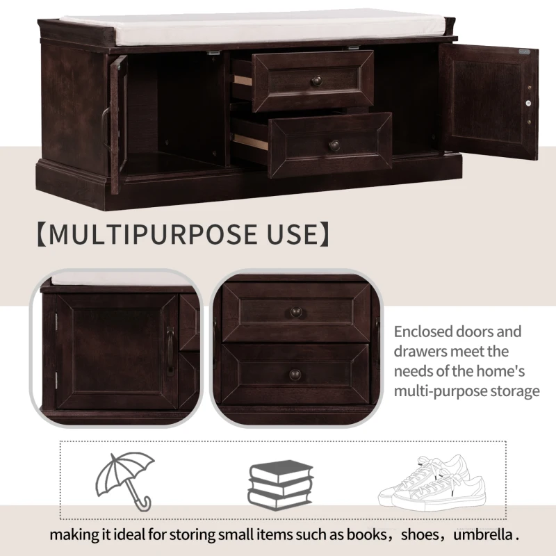 Storage Bench with 4 Doors and Adjustable Shelves, Removable Cushion for Entryway, 43" L x 16" W x 17.5" H, Dark Brown