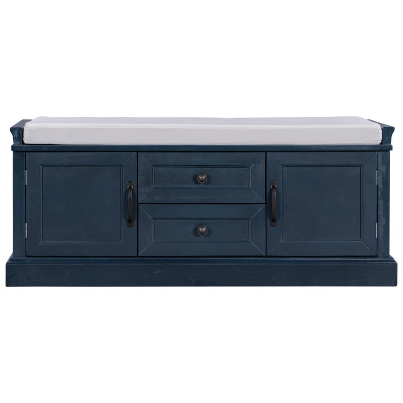 Storage Bench Comfortable Seating, Adjustable Shelves and Removable Cushion for Entryway, 43" L x 16" W x 17.5" H, Antique Navy