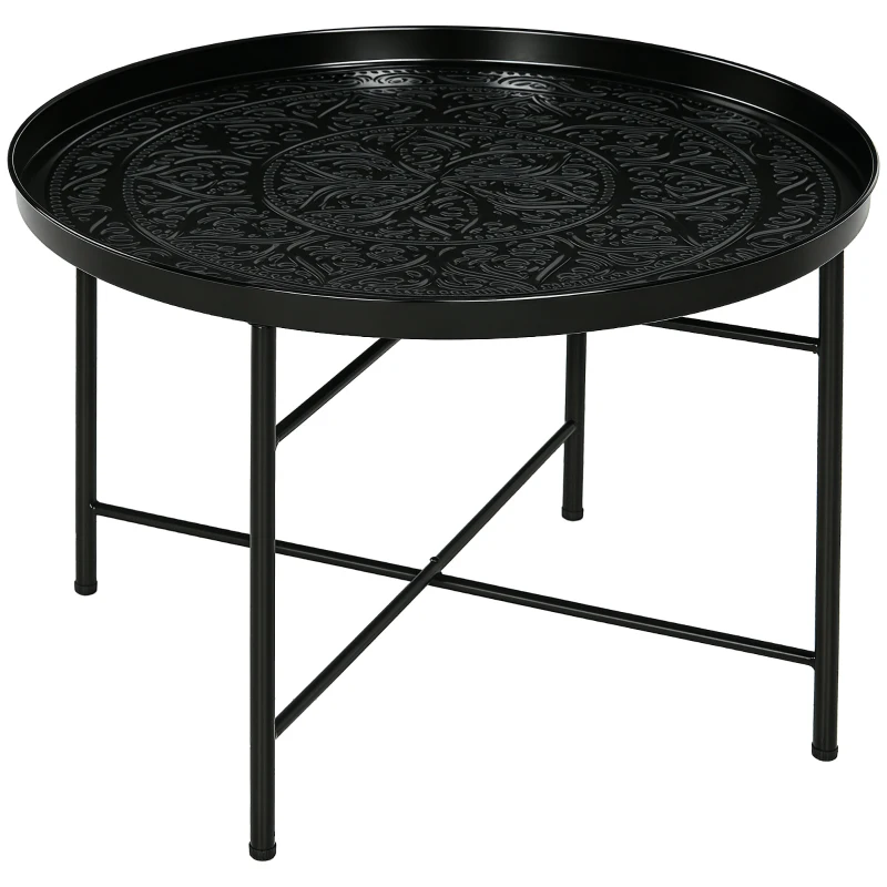 HOMCOM Coffee Table for Living Room, 24" Round Center Table with Hammered Tray Top and Metal Frame for Bedroom, Black