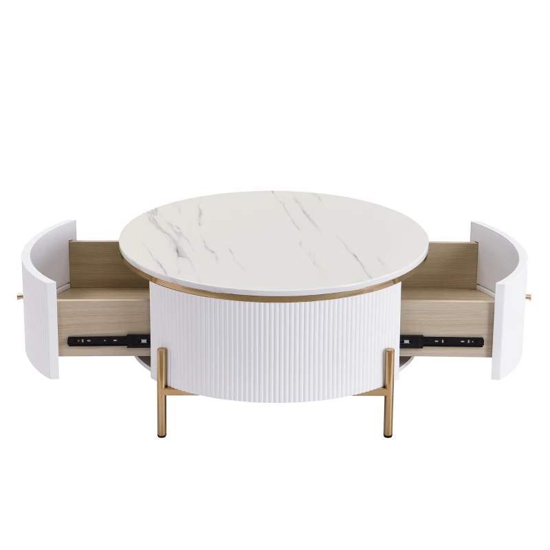 Modern Round Coffee Table with 2 Large Drawers, MDF Construction and Gold Legs, Sleek Modern Design, 31.5" L x 31.5" W x 17" H, White+Gold