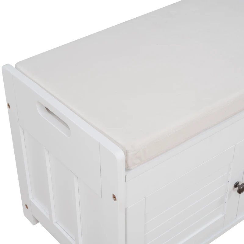 Rustic Storage Bench with Shutter-shaped Doors, Removable Cushion and Hidden Storage, 43.5" L x 16 " W x 18" H, White