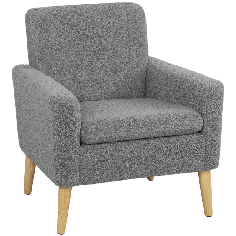 HOMCOM Fabric Accent Chair, Modern Upholstered Armchair with Wood Legs and Wide Padded Seat, Grey