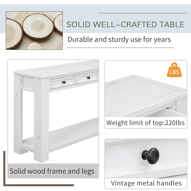 Rustic Chic Console Table with 4 Storage Drawers, Bottom Shelf, Solid Wood Frame, Ideal for Entryway, Hallway, 63" L x 14" W x 30" H, White