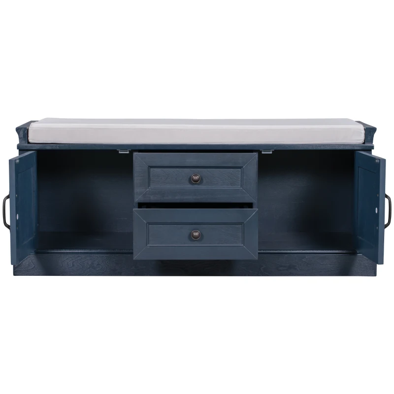 Storage Bench Comfortable Seating, Adjustable Shelves and Removable Cushion for Entryway, 43" L x 16" W x 17.5" H, Antique Navy