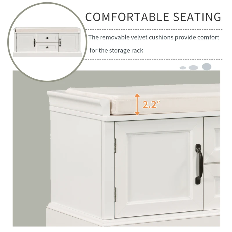 Storage Bench with Comfortable Seat and Adjustable Shelves, Shoe Bench with Removable Cushion for Entryway, 443" L x 16" W x 17.5" H, White