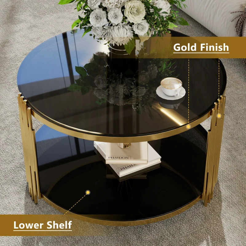 Modern Asymmetrical Coffee Table with Black Mirror Top, Circular Metal Drum Base and Lower Shelf, 31.5" L x 31.5" W x 20" H, Black
