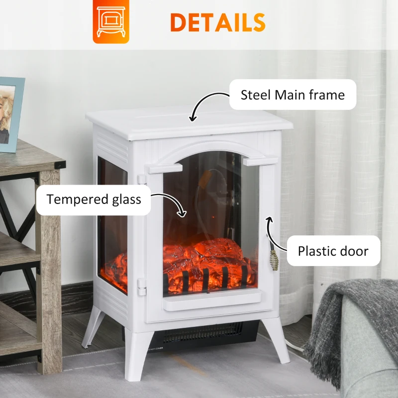 HOMCOM 23" Electric Fireplace Heater, Fire Place Stove with Realistic LED Flames and Logs and Overheating Protection, 750W/1500W, White