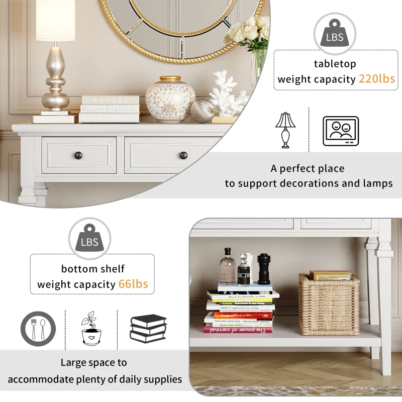 Classic Retro Console Table with 3 Drawers, Open Shelf, Solid Pine Wood Frame, Ideal for Entryway, Hallway, 50" L x 15" W x 30" H, White