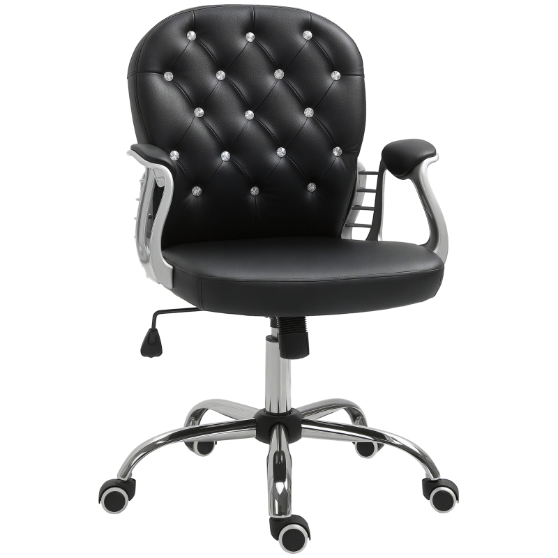 Vinsetto PU Leather Home Office Chair, Button Tufted Desk Chair with Padded Armrests, Adjustable Height and Swivel Wheels, Black