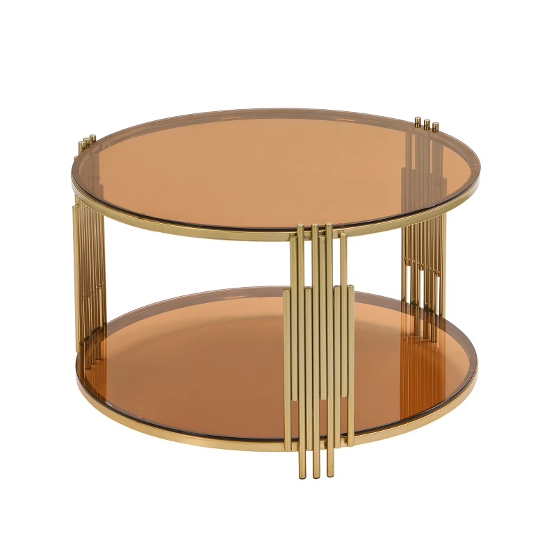 Modern Asymmetrical Coffee Table with Brown Glass Top, Circular Metal Drum Base, Lower Shelf, 31.5" L x 31.5" W x 20" H, Brown