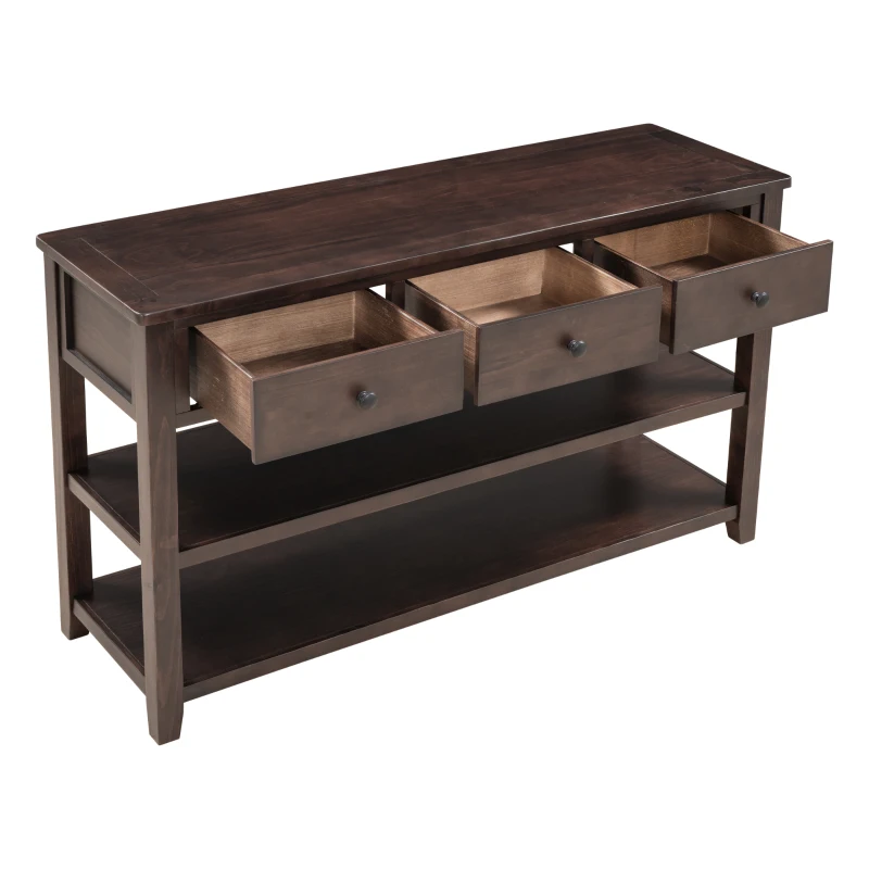 Retro Style Console Table with 3 Drawers and 2 Open Shelves, Pine Wood Frame, Circular Handles, 50" L x 16" W x 30" H, Dark Brown