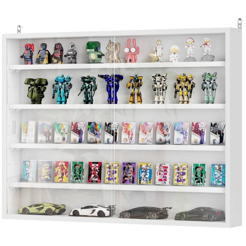 HOMCOM 5-Tier Display Cabinet, Wall-Mounted Display Case with 2 Glass Doors and Adjustable Shelves, White