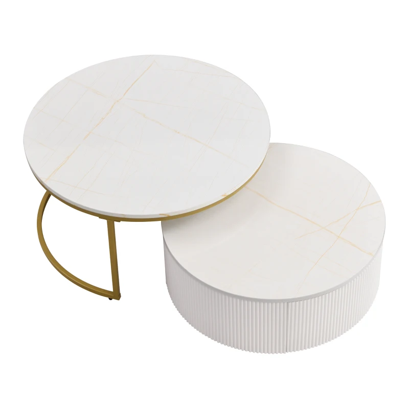 Modern Round Nesting Coffee Table Set with Fluted Design, Storage Drawer, MDF Top and Metal Base, 27.5" L x 27.5" W x 16" H, White+Gold