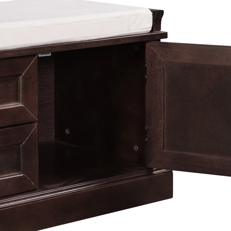 Storage Bench with 4 Doors and Adjustable Shelves, Removable Cushion for Entryway, 43" L x 16" W x 17.5" H, Dark Brown