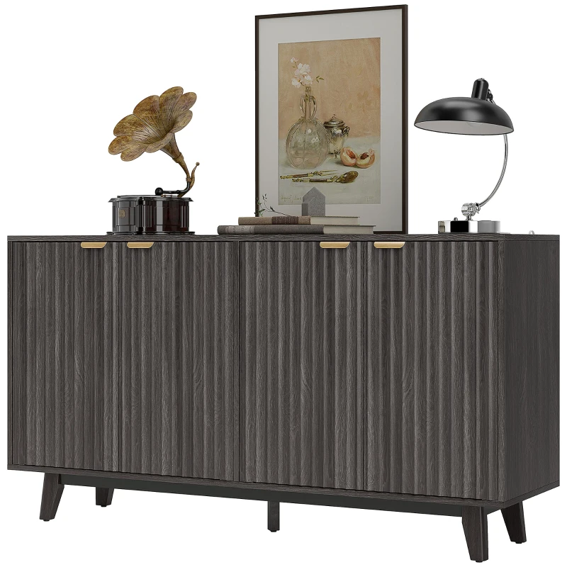 HOMCOM Fluted Sideboard Buffet Cabinet, 55" Coffee Bar Cabinet with 4 Doors, 2 Adjustable Shelves, 5 Wood Legs, Dark Gray