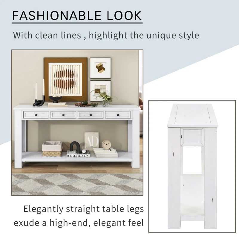 Rustic Chic Console Table with 4 Storage Drawers, Bottom Shelf, Solid Wood Frame, Ideal for Entryway, Hallway, 63" L x 14" W x 30" H, White