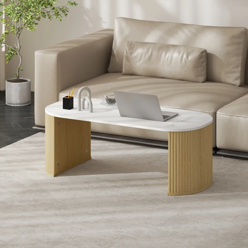 HOMCOM Coffee Table, Modern Marble-Effect Living Room Table with Round Corners and Thicken Legs, Natural Wood