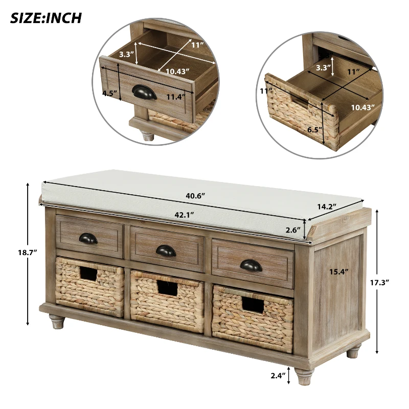 Rustic Storage Bench with 3 Drawers and Rattan Baskets, Acacia Wood Shoe Bench for Entryway, 42" L x 15.5" W x 19" H, White+Wood