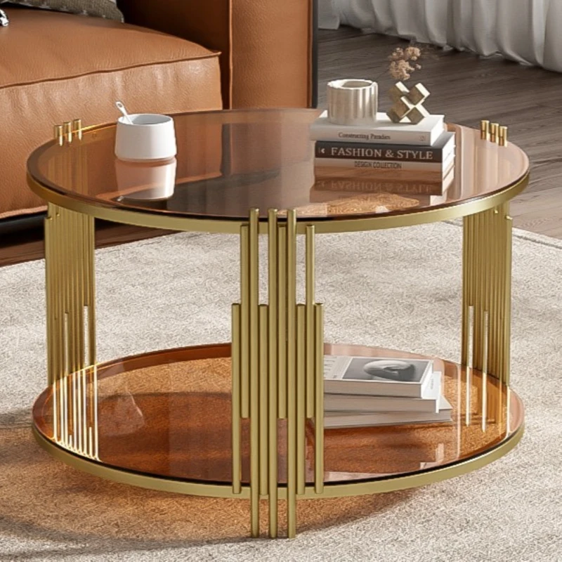 Modern Asymmetrical Coffee Table with Brown Glass Top, Circular Metal Drum Base, Lower Shelf, 31.5" L x 31.5" W x 20" H, Brown