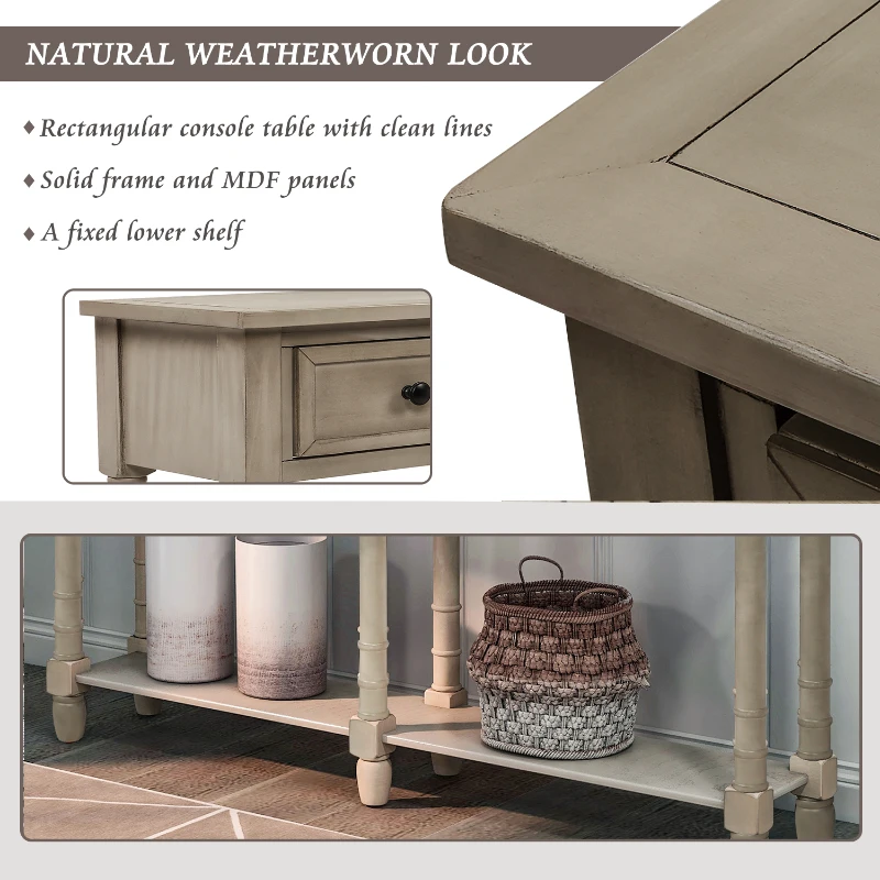 Console Table with Two Storage Drawers and Bottom Shelf, Solid Wood Frame, Easy Assembly, 58" L x 11" W x 34" H, Gray