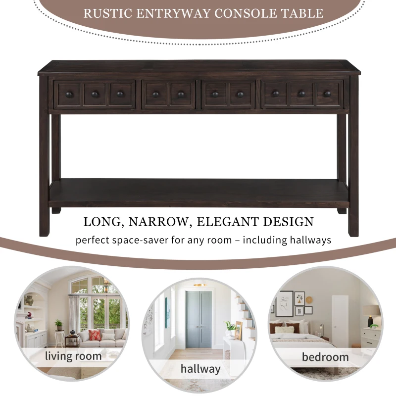 Rustic Entryway Console Table with Two Size Drawers, Bottom Shelf, Solid Timber Frame, Distressed Finish, 60" L x 11" W x 34" H, Dark Brown