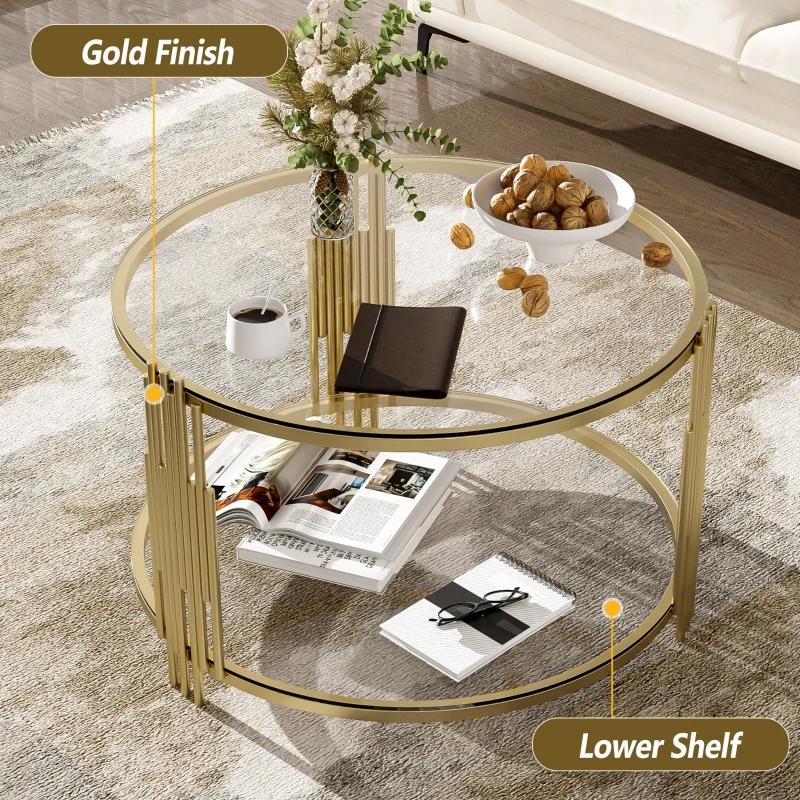 Modern Glass Coffee Table with Asymmetrical Metal Design, Circular Drum Base, Sofa Table with Lower Shelf, 31.5" L x 31.5" W x 20" H, Gold