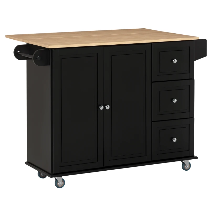 HOMCOM Mobile Kitchen Island with Drop Leaf, Storage Trolley Cart on Wheels, Towel/Spice Rack, 3 Drawers, 2-Door Cabinet, Black