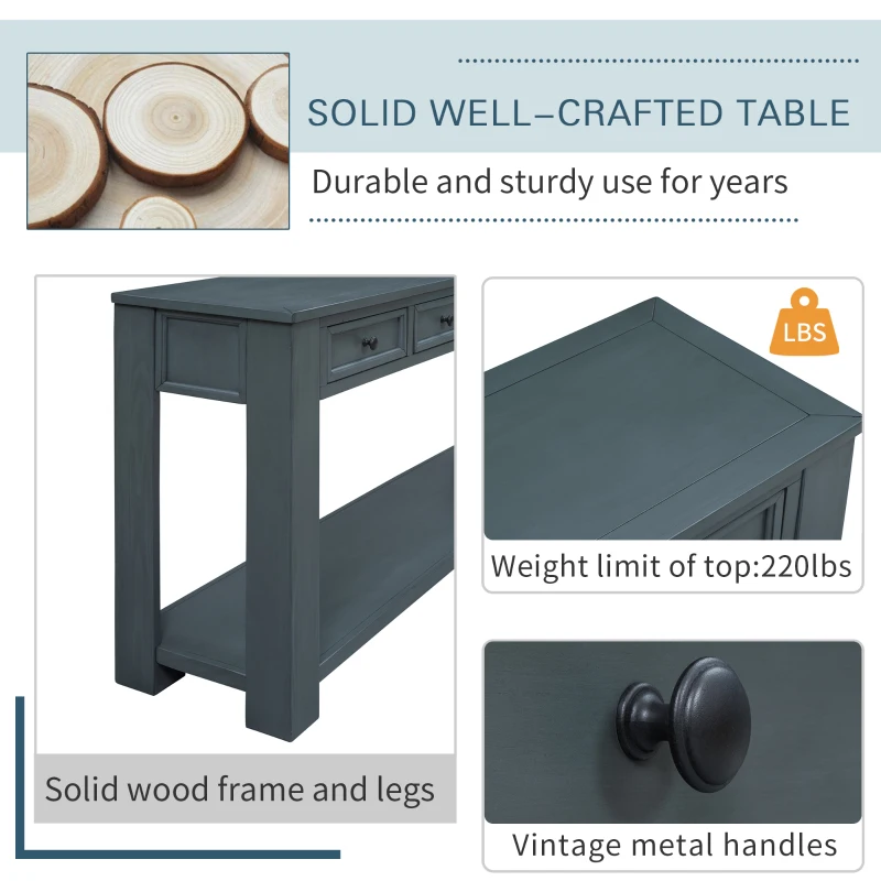 Rustic Chic Console Table with Storage Drawers, Bottom Shelf, Solid Wood Frame, Ideal for Entryway, Hallway, 63" L x 14" W x 30" H, Navy