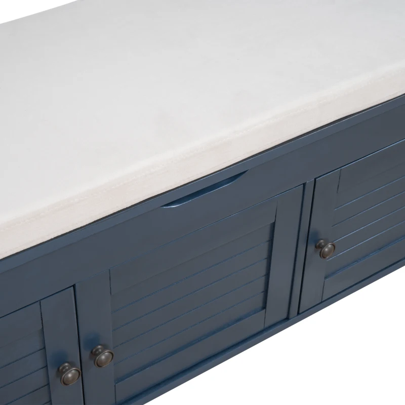 Rustic Storage Bench with Shutter-shaped Doors, Hidden Storage and Removable Cushion, 43.5" L x 16 " W x 18" H, Antique Navy
