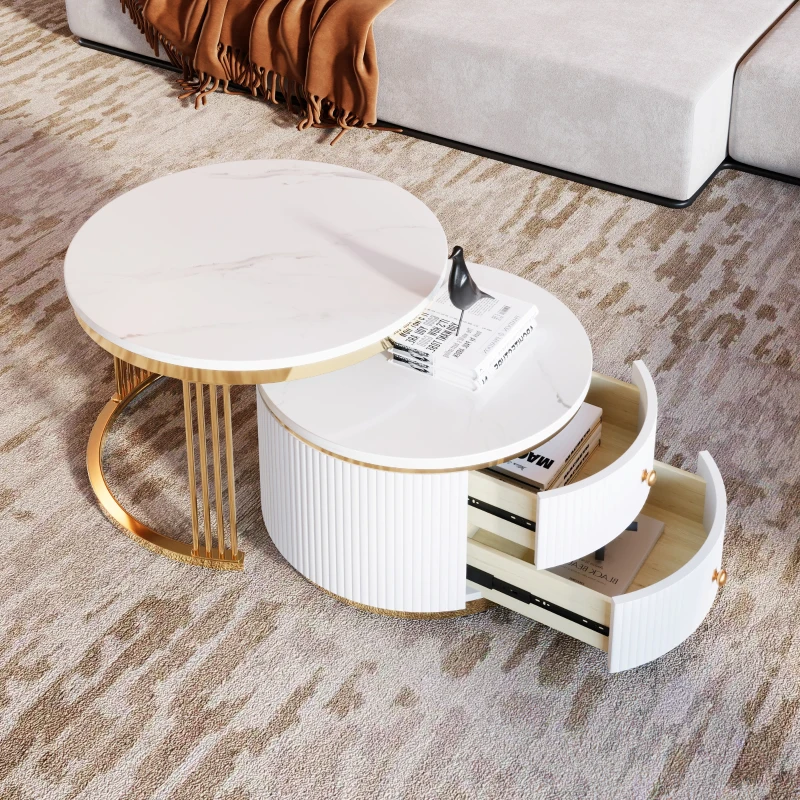 Modern Round Nesting Coffee Table Set with Drawers, MDF Top and Gold Legs, 2 Piece Set, 27.5" L x 27.5" W x 17.5" H, White+Gold