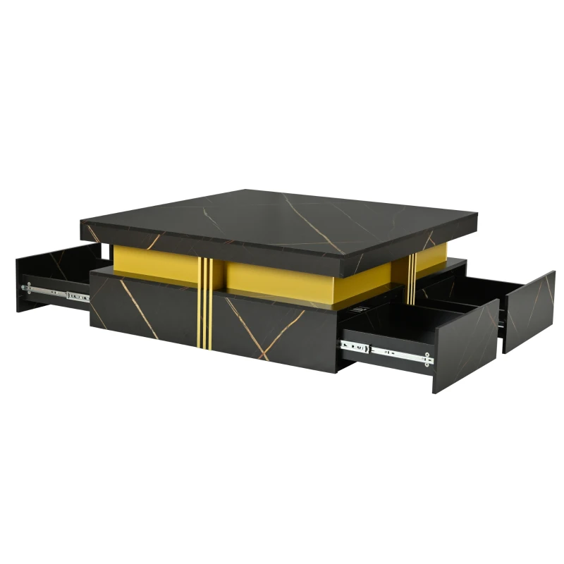 Modern Square Storage Coffee Table with 4 Functional Drawers, MDF Construction, Gold Accents, 43.5" L x 43.5" W x 16.5" H, Black+Gold