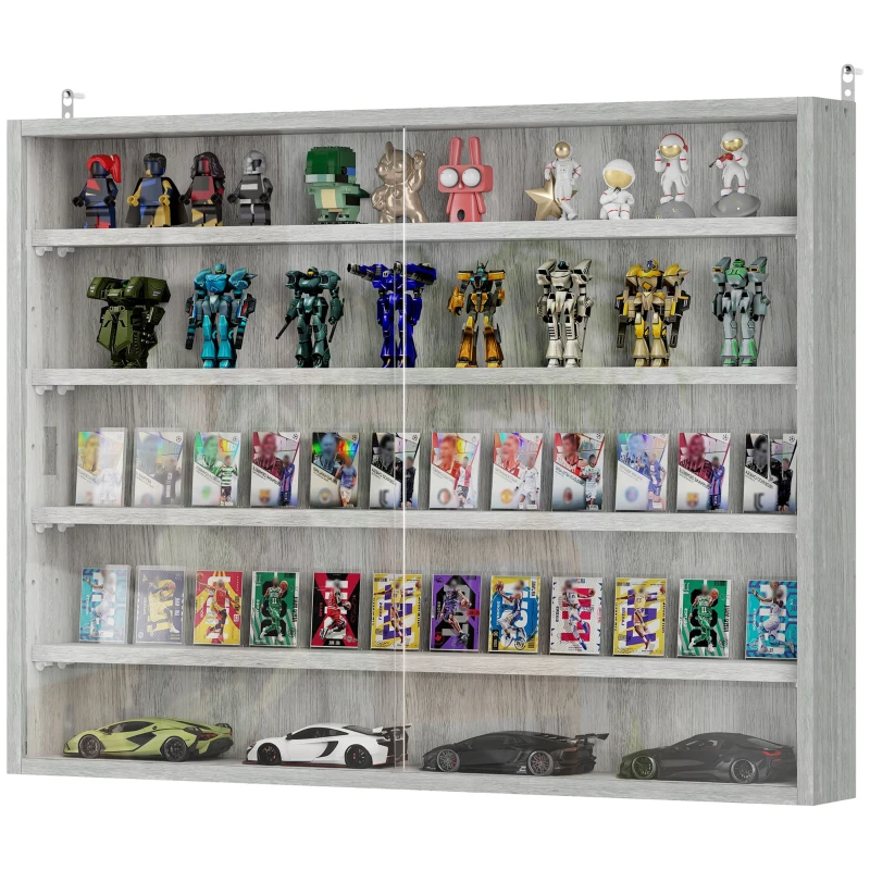 HOMCOM 5-Tier Display Cabinet, Shot Glass Display Case, Glass Curio Cabinet with 2 Glass Doors and 4 Adjustable Shelves, Grey