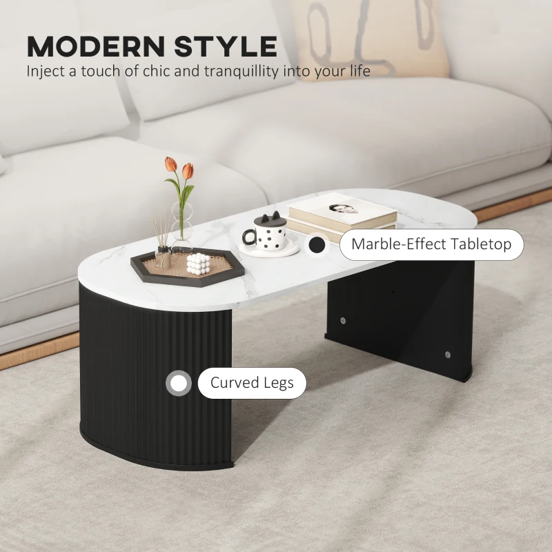 HOMCOM Coffee Table, Modern Marble-Effect Living Room Table with Round Corners and Thicken Legs, Black