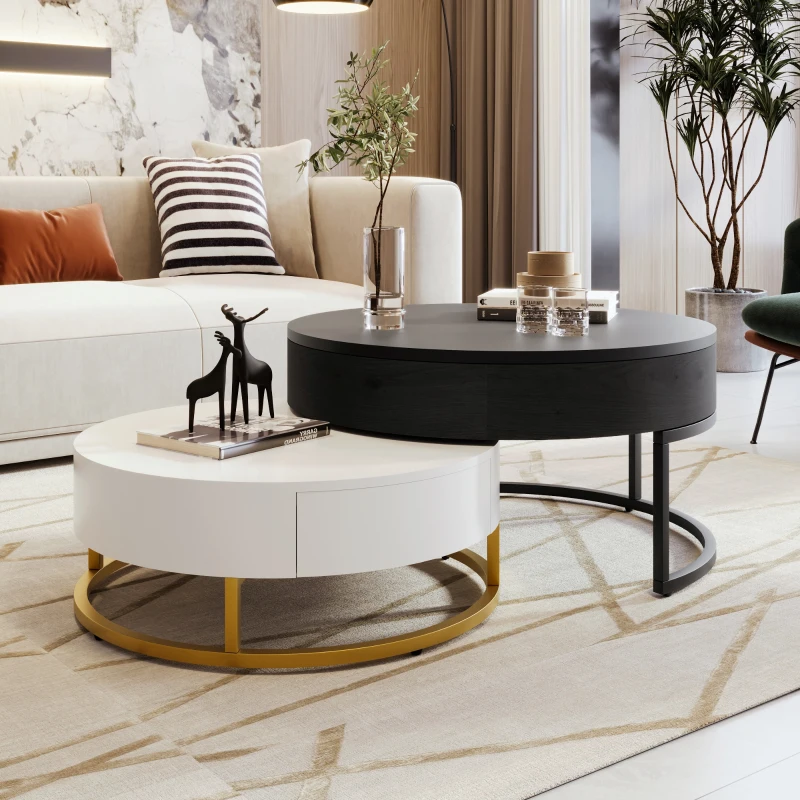 Modern Round Lift-top Nesting Coffee Tables with 2 Drawers, Space-saving Design, Storage Solutions, 31.5" L x 31.5.5" W x 22.5" H, White+Black