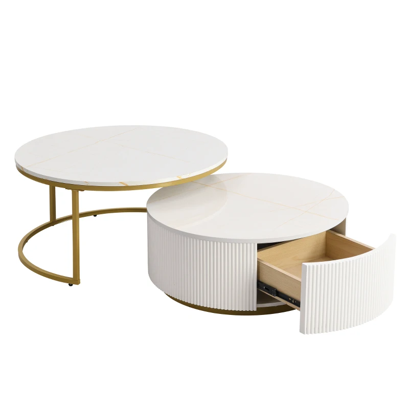 Modern Round Nesting Coffee Table Set with Fluted Design, Storage Drawer, MDF Top and Metal Base, 27.5" L x 27.5" W x 16" H, White+Gold