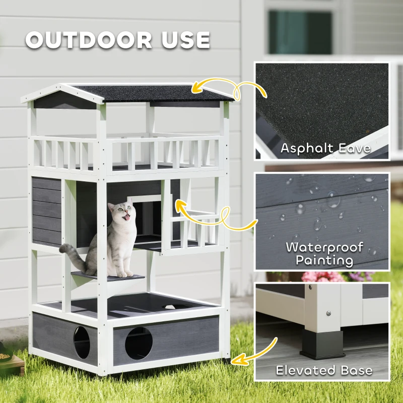 PawHut Wooden Outdoor Cat House, Feral Cat Shelter Kitten Condo with Asphalt Roof, Escape Doors, Condo, Jumping Platform, Gray