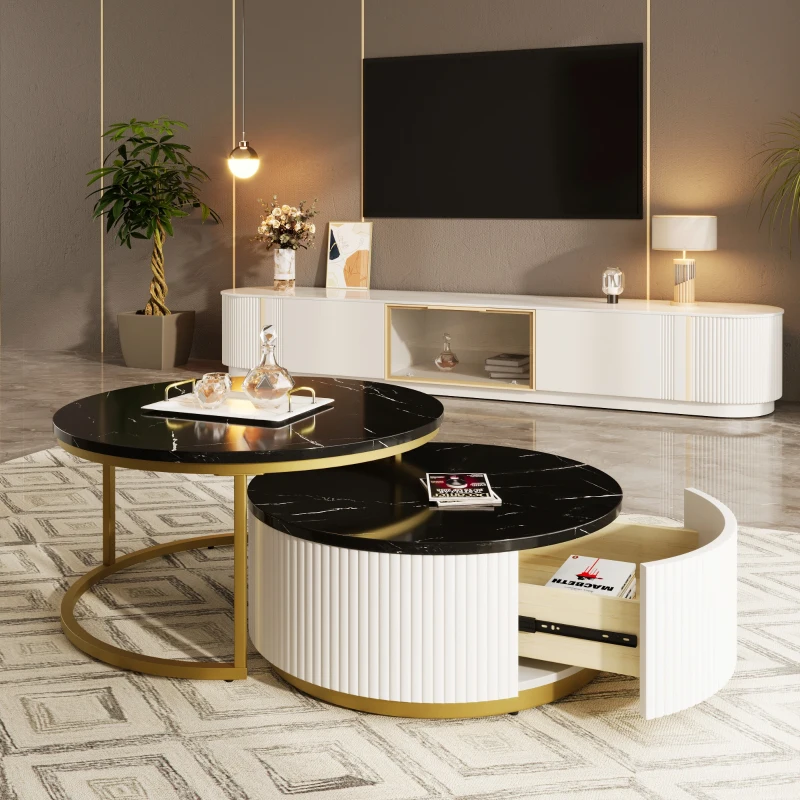 Modern Round Nesting Coffee Table Set with Storage Drawer, MDF Top and Metal Base, Fluted Design, 27.5" L x 27.5" W x 16" H, Black+Gold