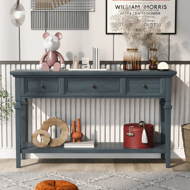 Classic Retro Console Table with 3 Drawers, Open Shelf, Solid Pine Wood Frame, Vintage Metal Handles, 50" L x 15" W x 30" H, Navy